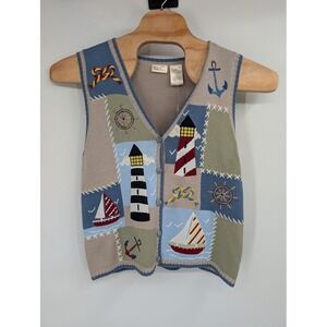 NWT Bobbie Brooks Vintage Women's Sweater Vest Embroidered Nautical Coastal sz L